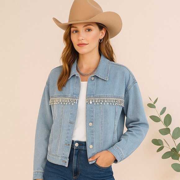 TGLA Denim Jacket Rhinestone Fringe Size M Light Wash Western Cowgirl Jean Coat - Picture 2 of 16